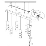 Lampa wisząca Stream z sześcioma oprawami GU10 w kolorze czarnym z multikolorowymi kloszami. Ułożona w poziomie, z widoczną instalacją i detalami montażowymi, idealna do nowoczesnych wnętrz.