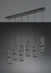 Lampa wisząca Stream w czarnym kolorze z sześcioma oprawami GU10, umieszczona na prostokątnej podstawie. Każda oprawa ma spiralny wzór, zawieszona na cienkich linkach. Tło w odcieniach szarości, podkreślające nowoczesny design.