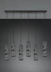 Lampa wisząca Stream z sześcioma źródłami światła GU10, w czarnej kolorystyce. Posiada cylindryczne klosze z dekoracyjnymi, spiralnymi wcięciami, zawieszone na cienkich linkach. Ujęcie frontalne na tle ciemnego tła.