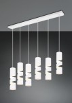 Lampa wisząca Stream z sześcioma oprawami GU10 w białym kolorze. Cylindryczne klosze z dekoracyjnymi wycięciami zawieszone na cienkich linkach, umieszczone na prostokątnej podstawie, wiszą w równych odstępach.