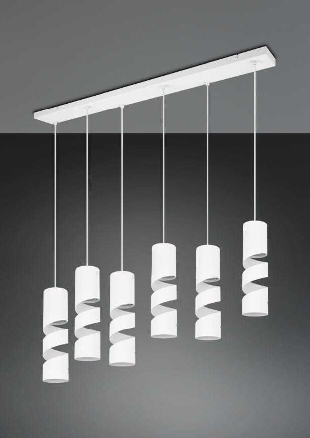 Lampa wisząca Stream z sześcioma oprawami GU10 w białym kolorze. Posiada cylindryczne klosze w spiralnym kształcie. Zawieszona na prostokątnej, białej podstawie, z długimi przewodami. Idealna do nowoczesnych wnętrz.
