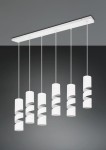 Lampa wisząca Stream z sześcioma oprawami GU10 w białym kolorze. Posiada cylindryczne klosze w spiralnym kształcie. Zawieszona na prostokątnej, białej podstawie, z długimi przewodami. Idealna do nowoczesnych wnętrz.