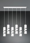Lampa wisząca Stream z sześcioma oprawami GU10 w białym kolorze. Kształt cylindryczny z spiralnym wycięciem. Zawieszona na prostokątnej, białej podstawie, umieszczona na ciemnym tle. Idealna do nowoczesnych wnętrz.