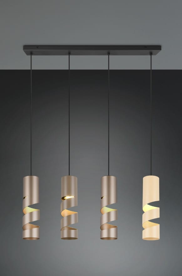 Lampa wisząca Stream 4xGU10 w kolorze czarnym z multikolorowymi kloszami. Cztery cylindryczne klosze z falistymi wzorami, zawieszone na cienkich linkach, montowane na prostokątnej podstawie. Tło w odcieniach szarości.