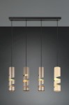 Lampa wisząca Stream 4xGU10 w kolorze czarnym z multikolorowymi kloszami. Cztery cylindryczne klosze z falistymi wzorami, zawieszone na cienkich linkach, montowane na prostokątnej podstawie. Tło w odcieniach szarości.