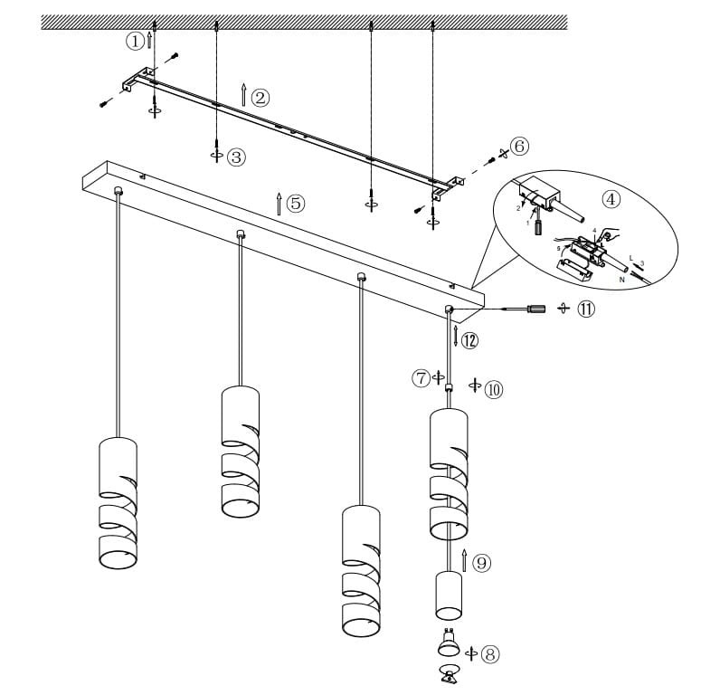 Czarna lampa wisząca Stream z czterema oprawami GU10, z multikolorowymi kloszami w spiralnym kształcie. Zawieszona na prostokątnym stelażu, idealna do nowoczesnych wnętrz. Widok z góry, z detalami montażowymi i przyłączeniami elektrycznymi.