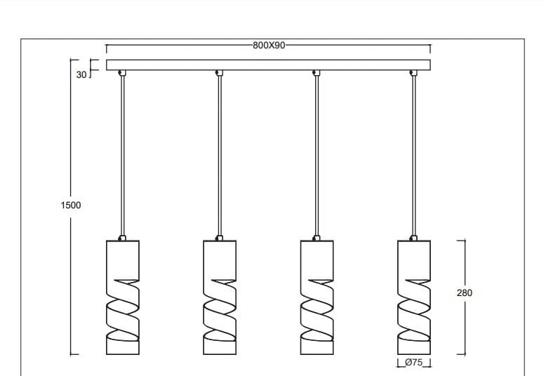 Lampa wisząca Stream z czterema oprawami na żarówki GU10, w kolorze białym. Posiada prostokątny sufitowy uchwyt oraz spiralne klosze. Wymiary: długość 800 mm, wysokość kloszy 280 mm, odległość od sufitu 1500 mm.