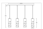 Lampa wisząca Stream z czterema oprawami na żarówki GU10, w kolorze białym. Posiada prostokątny sufitowy uchwyt oraz spiralne klosze. Wymiary: długość 800 mm, wysokość kloszy 280 mm, odległość od sufitu 1500 mm.