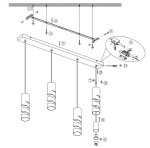 Lampa wisząca Stream z czterema oprawami GU10 w białym kolorze. Składa się z prostokątnej podstawy z trzema zwisającymi kloszami w formie spiralnej. Produkt montowany sufitowo, widok z góry na szczegóły instalacji.