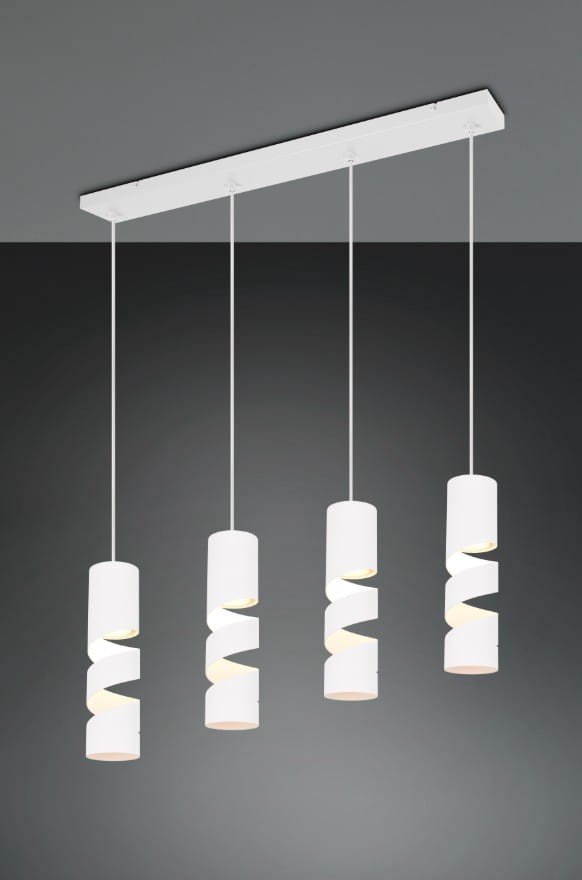 Lampa wisząca Stream w kolorze białym z czterema oprawami na żarówki GU10. Posiada spiralne, cylindryczne klosze zawieszone na cienkich linkach. Montowana na prostokątnej podsufitce, idealna do nowoczesnych wnętrz.