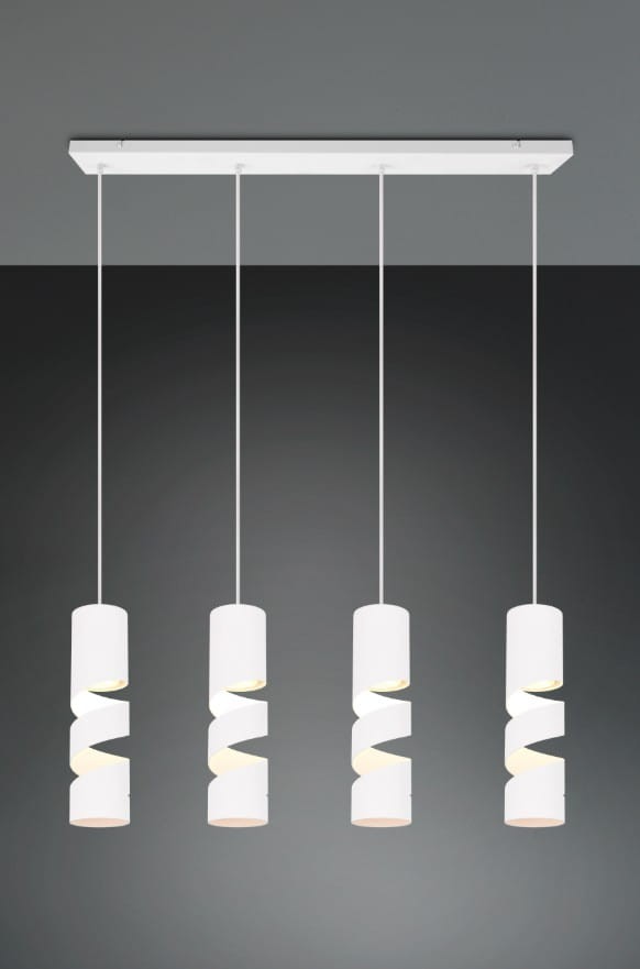 Lampa wisząca Stream z białymi kloszami w formie spiralnej, montowana na prostokątnej podstawie. Składa się z czterech źródeł światła typu GU10, zawieszonych na cienkich linkach. Tło w odcieniach szarości.