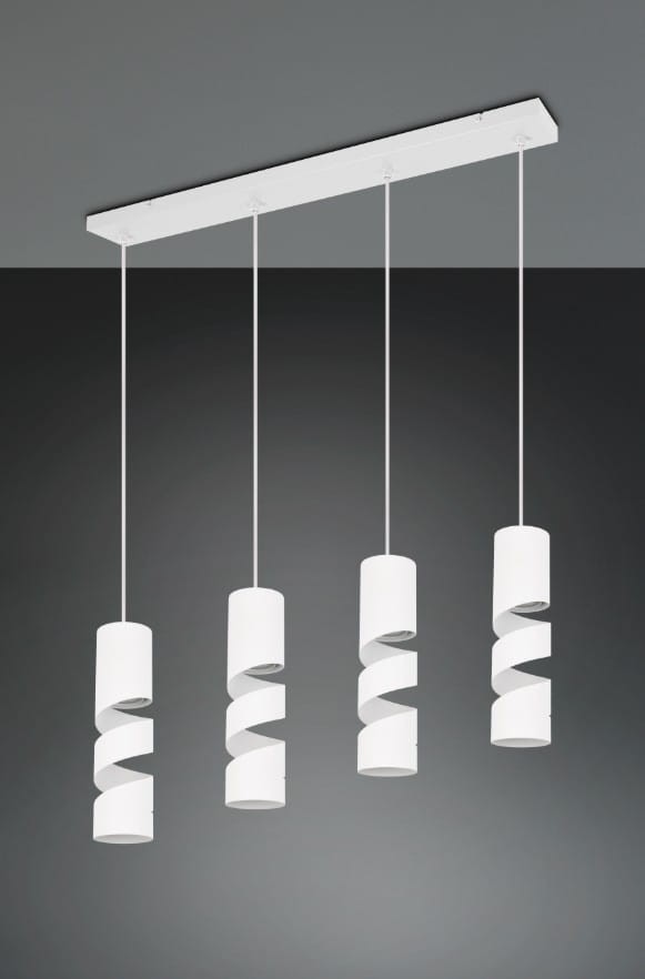 Lampa wisząca Stream z czterema oprawami GU10, w kolorze białym. Posiada cylindryczne abażury z falistym wzorem, zawieszone na cienkich linkach z metalowym stelażem. Ujęcie frontalne, na szarym tle.