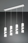 Lampa wisząca Stream z czterema oprawami GU10, w kolorze białym. Posiada cylindryczne abażury z falistym wzorem, zawieszone na cienkich linkach z metalowym stelażem. Ujęcie frontalne, na szarym tle.