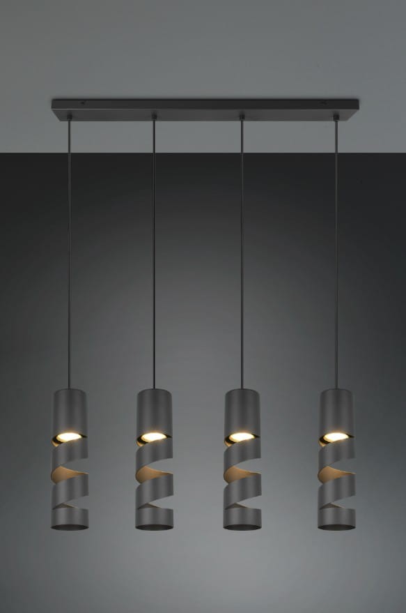 Lampa wisząca Stream z czterema kloszami GU10 w kolorze czarnym, zawieszona na prostokątnej podstawie. Klosze mają spiralny wzór i metaliczny wykończenie, wisi pionowo, na jednolitym tle.