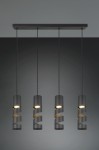 Lampa wisząca Stream z czterema kloszami GU10 w kolorze czarnym, zawieszona na prostokątnej podstawie. Klosze mają spiralny wzór i metaliczny wykończenie, wisi pionowo, na jednolitym tle.