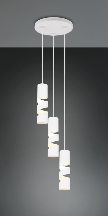 Lampa wisząca Stream z trzema kloszami GU10 w białym kolorze. Klosze o cylindrycznym kształcie z dekoracyjnymi wycięciami, zawieszone na cienkich linkach. Montaż sufitowy, nowoczesny design na szarym tle.