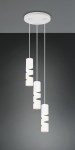 Lampa wisząca Stream z trzema kloszami GU10 w białym kolorze. Klosze o cylindrycznym kształcie z dekoracyjnymi wycięciami, zawieszone na cienkich linkach. Montaż sufitowy, nowoczesny design na szarym tle.