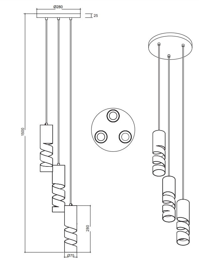 Lampa wisząca Stream 3xGU10 w kolorze białym, z trzema spiralnymi kloszami zawieszonymi na cienkich linkach. Okrągła podstawa o średnicy 28 cm. Wysokość całkowita 150 cm, klosze o średnicy 7,5 cm. Idealna do nowoczesnych wnętrz.