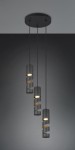 Lampa wisząca Stream z trzema oprawami GU10 w kolorze czarnym. Cylindryczne klosze o spiralnym wzorze, zwisające na cienkich linkach z metalowego mocowania sufitowego. Prosta, nowoczesna forma, idealna do aranżacji wnętrz.