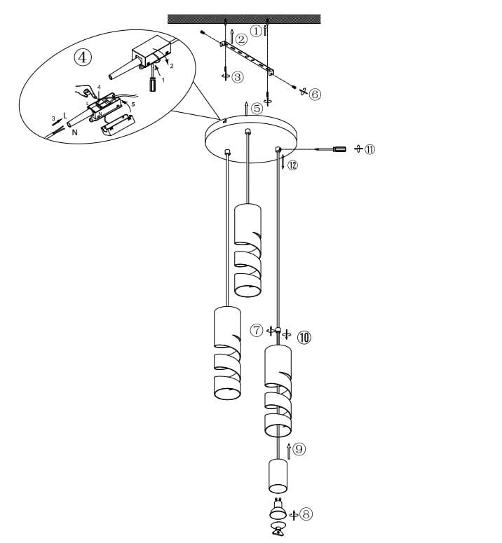 Lampa wisząca Stream z trzema oprawami GU10, w kolorze czarnym z multikolorowymi akcentami. Elementy w formie spiralnych tub, zawieszone na regulowanych linkach. Montaż na suficie z okrągłą podsufitką.