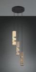 Lampa wisząca Stream 3xGU10 w kolorze czarnym z multikolorowymi, spiralnymi kloszami w odcieniach złota i miedzi. Zawieszona na trzech cienkich linkach, z okrągłą podstawą sufitową. Idealna do nowoczesnych wnętrz.