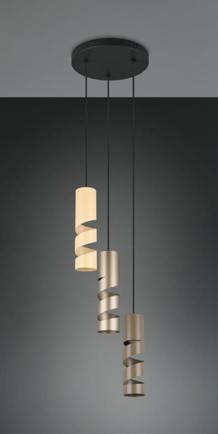 Lampa wisząca Stream 3xGU10 w kolorze czarnym z trzech spiralnych kloszy w odcieniach beżu i złota. Produkt zawieszony na cienkich linkach z okrągłą podsufitką, prezentujący nowoczesny design.