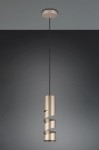 Lampa wisząca Stream w kolorze kawy z metalowym, spiralnym kloszem, zawieszona na cienkim czarnym przewodzie. Przeznaczona na jedną żarówkę GU10, montowana na suficie. Tło ciemne, podkreślające elegancki wygląd lampy.