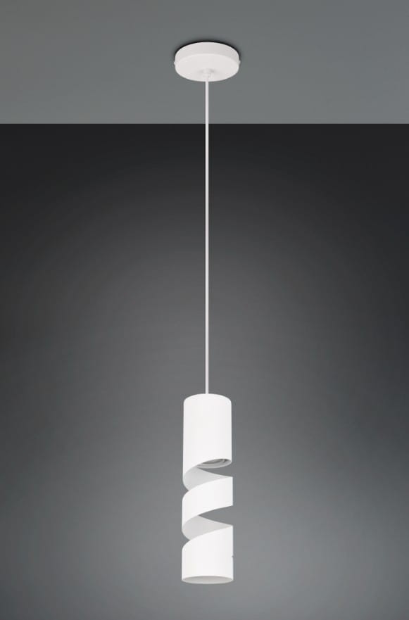 Lampa wisząca Stream 1xGU10 w kolorze białym, o cylindrycznym kształcie z spiralnym detalem, zawieszona na długim, białym przewodzie. Ujęcie frontalne na tle szarym, bez dodatkowych elementów.