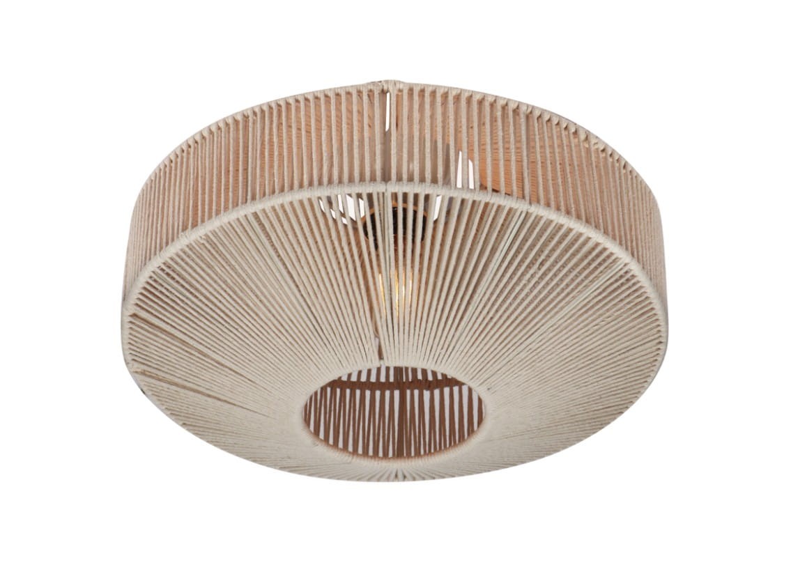Beżowa lampa sufitowa Svea z jednym gniazdem E27, o okrągłym kształcie. Wykonana z cienkich, poziomych prętów, tworzy efektowne światło. Widok z dołu, z centralnym otworem, eksponującym źródło światła.