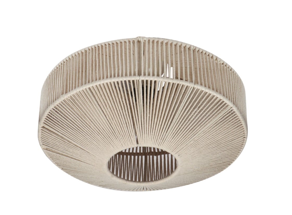 Beżowa lampa sufitowa Svea z jednym gniazdem E27, okrągła, z cienkich linii w formie siatki. Widoczne otwarte wnętrze, które umożliwia montaż żarówki. Lampa umieszczona w pozycji wiszącej, z perspektywy z góry.