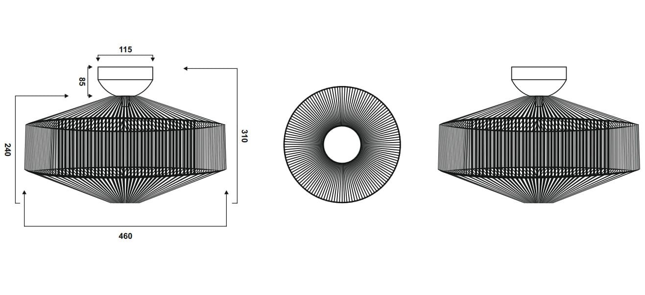 Beżowa lampa sufitowa Svea 1xE27, o średnicy 460 mm i wysokości 240 mm, prezentuje nowoczesny, geometryczny design z cienkimi, metalowymi prętami. Ujęcie frontalne ukazuje kształt w formie diamentu, z widocznym uchwytem montażowym.