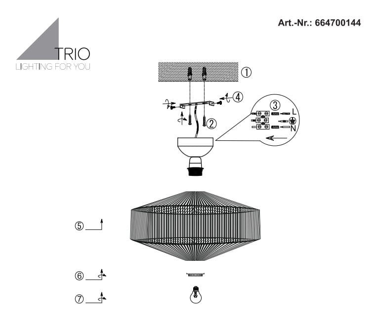 Beżowa lampa sufitowa Svea z oprawą na żarówkę E27, o geometrycznym kształcie, zawieszona w pozycji centralnej. Widoczne elementy montażowe oraz schemat podłączenia elektrycznego.