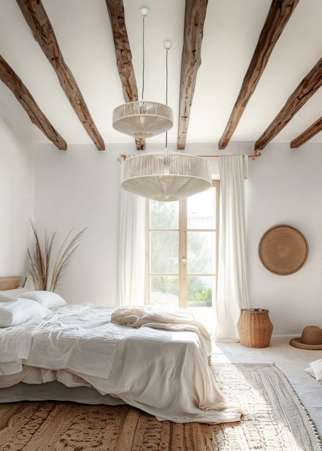 Beżowa lampa wisząca Svea z jednym gniazdem E27, umieszczona w sypialni z białymi ścianami i drewnianymi belkami sufitowymi. Lampa w formie okrągłego klosza, zawieszona na cienkim przewodzie, oświetla przestrzeń nad łóżkiem.