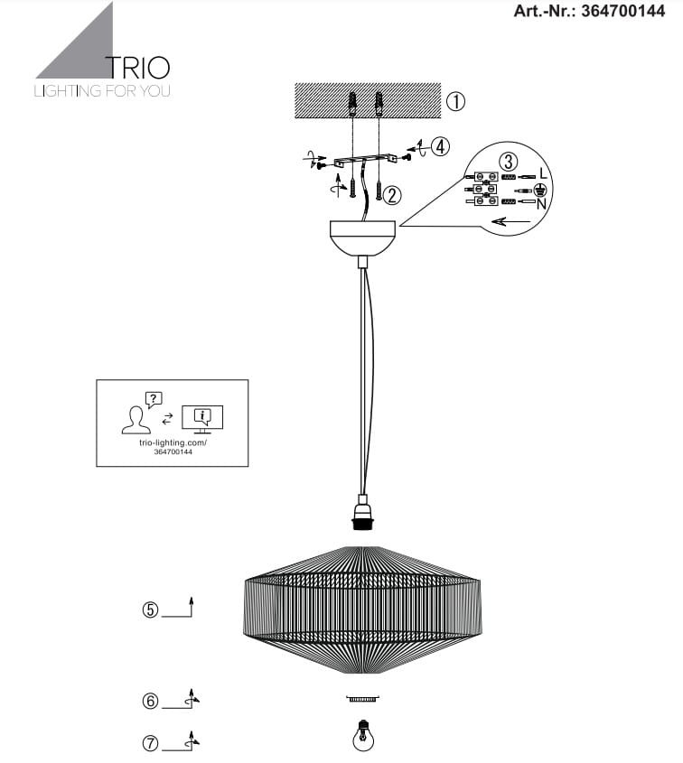 Beżowa lampa wisząca Svea z oprawą na jedną żarówkę E27. Kształt w formie diamentu, wykonana z metalowych prętów, zawieszona na cienkim przewodzie. Widoczny szczegółowy schemat montażu z oznaczeniami.