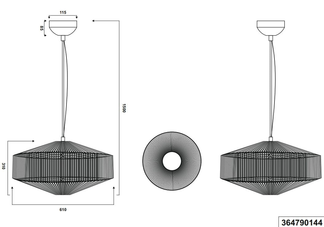 Beżowa lampa wisząca Svea 1xE27 o geometrycznym kształcie, z cienkimi metalowymi prętami tworzącymi klosz. Ujęcie frontalne pokazuje długość 1500 mm i szerokość 610 mm, z widocznym mocowaniem sufitowym. Idealna do nowoczesnych wnętrz.