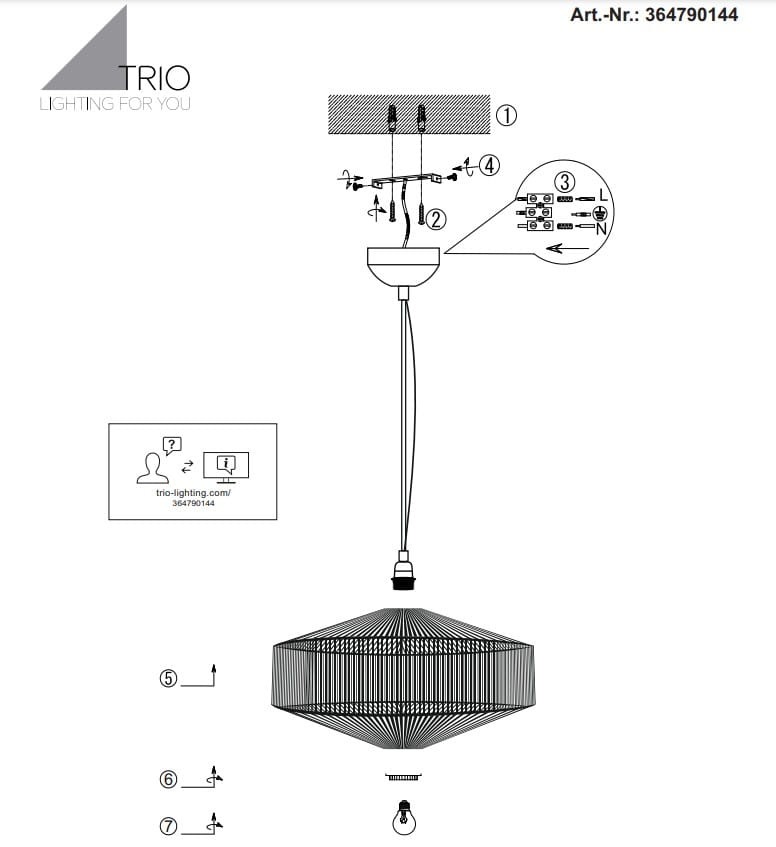 Beżowa lampa wisząca Svea z jednym gniazdem E27, zawieszona na cienkim przewodzie. Klosz o geometrycznym kształcie, wykonany z metalowych prętów, prezentuje otwartą konstrukcję. Widoczne elementy instalacyjne i instrukcje montażu.