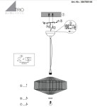 Beżowa lampa wisząca Svea z jednym gniazdem E27, zawieszona na cienkim przewodzie. Klosz o geometrycznym kształcie, wykonany z metalowych prętów, prezentuje otwartą konstrukcję. Widoczne elementy instalacyjne i instrukcje montażu.
