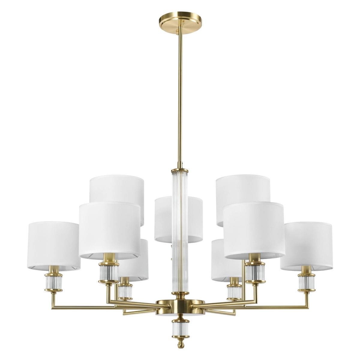 Lampa wisząca Sutton z mosiądzu, z dziewięcioma białymi abażurami z materiału. Centralna, przezroczysta kolumna z detali. Ujęcie frontalne, montowana na suficie, elegancka forma idealna do nowoczesnych wnętrz.
