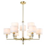 Lampa wisząca Sutton z mosiądzu, 9xE14, z białymi abażurami. Posiada centralny element z przezroczystego materiału, z rozłożonymi ramionami. Ujęcie z przodu, na białym tle, ukazuje elegancki design i nowoczesny styl.