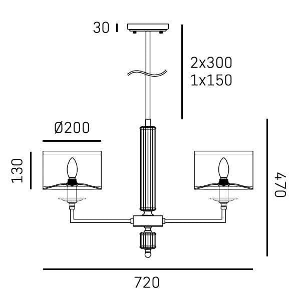 Lampa wisząca Sutton z mosiądzu, 2xE14, z przezroczystymi kloszami. Kąt ujęcia frontalny, z widocznymi wymiarami: wysokość 130 cm, szerokość 720 cm, średnica kloszy 20 cm. Elementy dekoracyjne z linii prostych, minimalistyczny design.