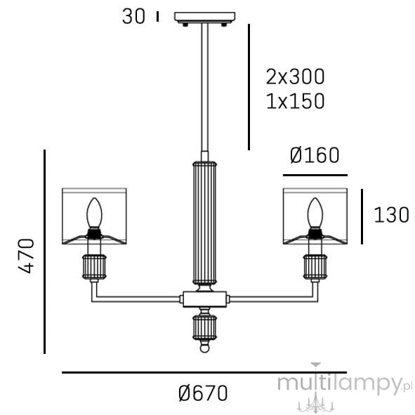 Lampa wisząca Sutton z mosiądzu, przeznaczona na 6 żarówek E14. Ma okrągły sufitowy uchwyt, z dwoma kloszami o średnicy 160 mm. Wysokość lampy wynosi 470 mm, a jej całkowita szerokość to 670 mm. Prosty, elegancki design.