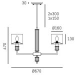 Lampa wisząca Sutton z mosiądzu, przeznaczona na 6 żarówek E14. Ma okrągły sufitowy uchwyt, z dwoma kloszami o średnicy 160 mm. Wysokość lampy wynosi 470 mm, a jej całkowita szerokość to 670 mm. Prosty, elegancki design.