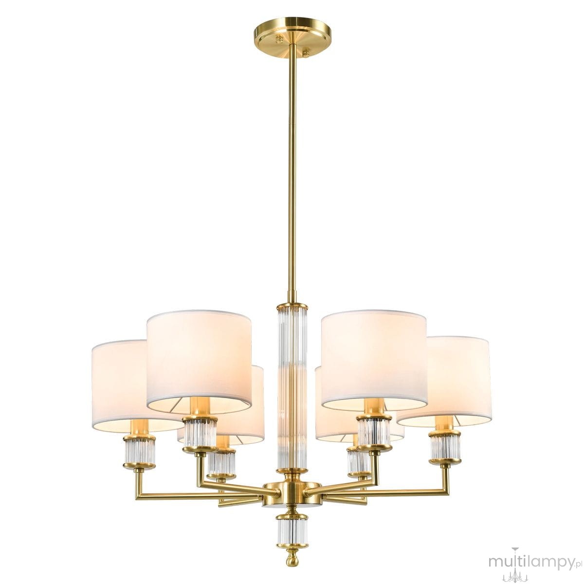 Lampa wisząca Sutton z mosiądzu, z sześcioma kloszami w białym kolorze. Posiada przezroczyste elementy dekoracyjne oraz metalową konstrukcję. Ułożona w dół, zawieszona na długim przewodzie.