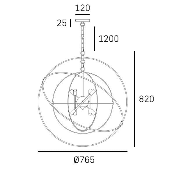 Czarna lampa wisząca Roxbury z złotymi akcentami, przeznaczona na 8 żarówek E14. Okrągła konstrukcja z metalowymi pierścieniami, wymiary: średnica 765 mm, wysokość 820 mm, długość zawieszenia 1200 mm.