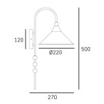 Kinkiet Ashford 1xE27 w kolorze złotym, z kloszem w kształcie stożka o średnicy 220 mm. Uchwyt z dekoracyjnymi kulkami, wymiary: wysokość 500 mm, szerokość 270 mm, głębokość 120 mm. Montaż ścienny, stylowy design.
