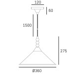 Lampa wisząca Ashford z jedną oprawą E27, w kolorze złotym. Kształt stożkowy, średnica 360 mm, wysokość 275 mm. Długość zawieszenia wynosi 1500 mm, z dekoracyjnymi kulkami na przewodzie. Prosty, elegancki design, idealna do nowoczesnych wnętrz.