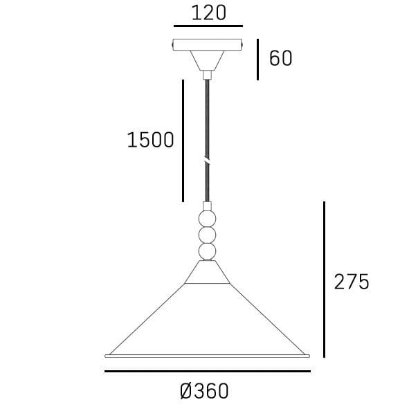 Lampa wisząca Ashford w kolorze czarnym, z jedną oprawą na żarówkę E27. Posiada stożkowy klosz o średnicy 360 mm, zawieszona na długim przewodzie o długości 1500 mm. Elementy dekoracyjne w postaci beadów pod kloszem.