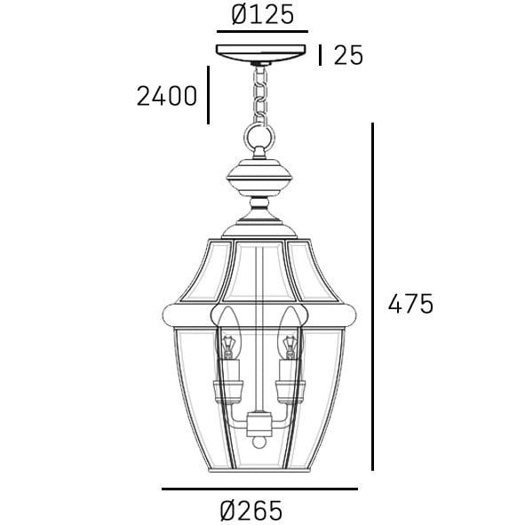 Lampa wisząca ogrodowa Whitley z czterema gniazdami E14. Złota konstrukcja o średnicy 26,5 cm i wysokości 47,5 cm, z łańcuchem mocującym. Stylowy design z przezroczystymi ściankami, idealna do użytku na zewnątrz.