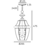 Lampa wisząca ogrodowa Whitley z czterema gniazdami E14. Złota konstrukcja o średnicy 26,5 cm i wysokości 47,5 cm, z łańcuchem mocującym. Stylowy design z przezroczystymi ściankami, idealna do użytku na zewnątrz.