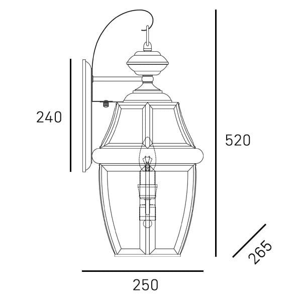 Kinkiet elewacyjny Whitley, złoty, z dwoma gniazdami E14. Owalny klosz w kształcie lampionu, montowany na ścianie. Wymiary: wysokość 520 mm, szerokość 250 mm, głębokość 265 mm. Elegancki design, idealny do oświetlenia zewnętrznego.